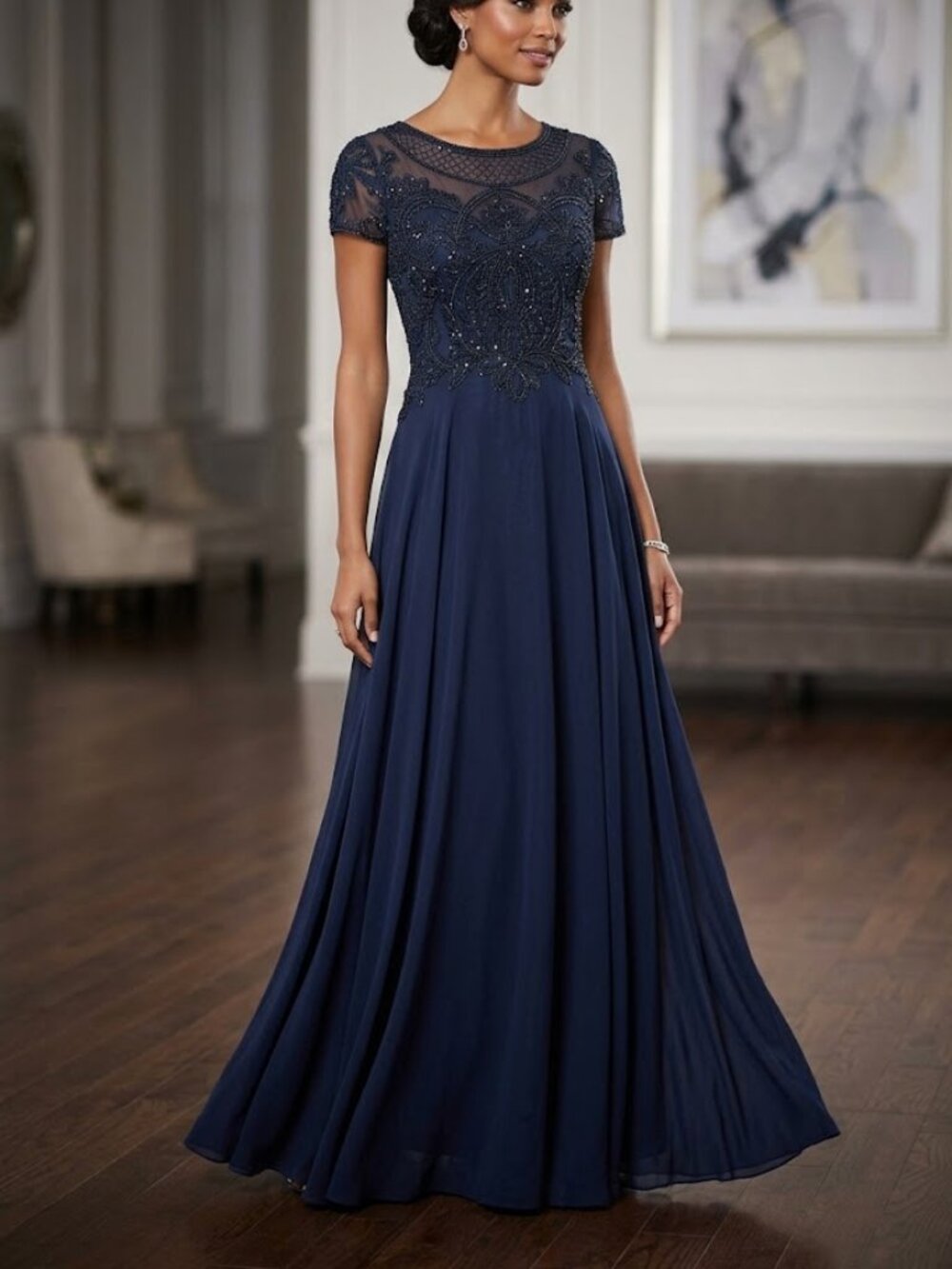 MGNY Madeline Gardner Navy blue Beaded embroidered A-line Formal Dress, sz 12